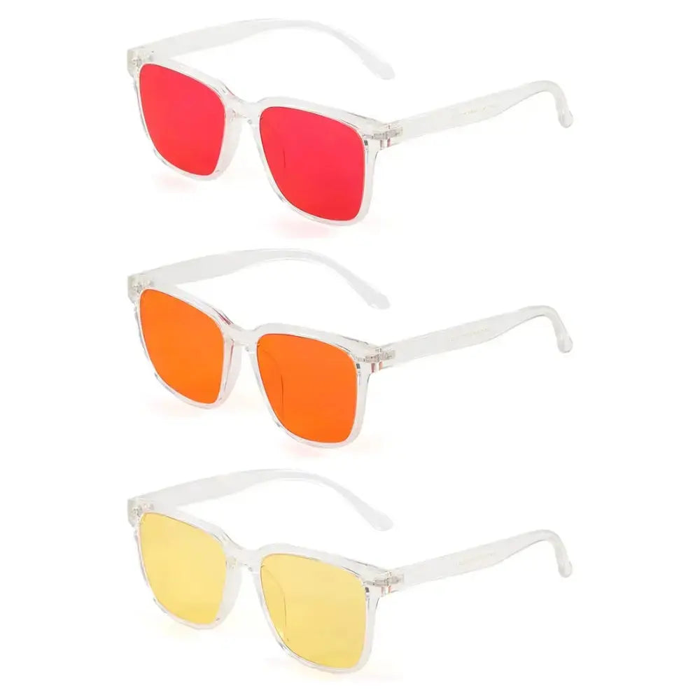 Block Blue Glasses in a clear frame with yellow, orange and red blue light blocking lenses